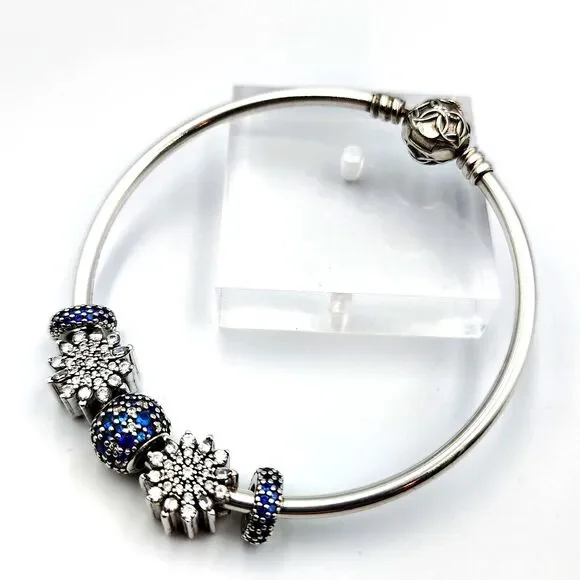 Pandora Sterling 925 Pattern Of Love Bangel Bracelet 5 Charms Clear & Blue CZ